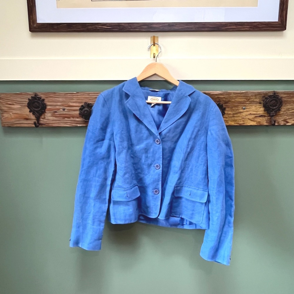 Talbots Womens Blue 100% Irish Linen 3 Button Blazer Jacket Size 8 Officecore